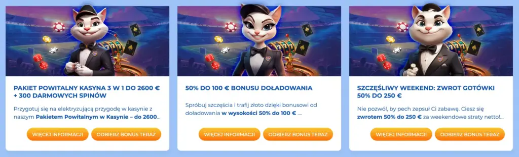 Trzy oferty bonusów kasynowych z zabawną maskotką kota na tle stadionu sportowego, w tym bonus powitalny, bonus doładowujący i oferta cashback.
