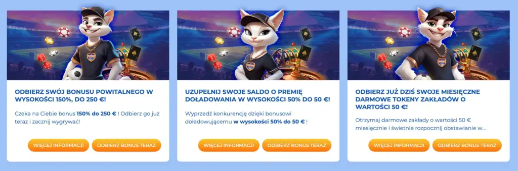 Oferty bonusów kasynowych z zabawną maskotką kota na stadionie sportowym, podkreślające 150% bonus powitalny, bonus doładowujący i comiesięczne darmowe tokeny na zakłady.