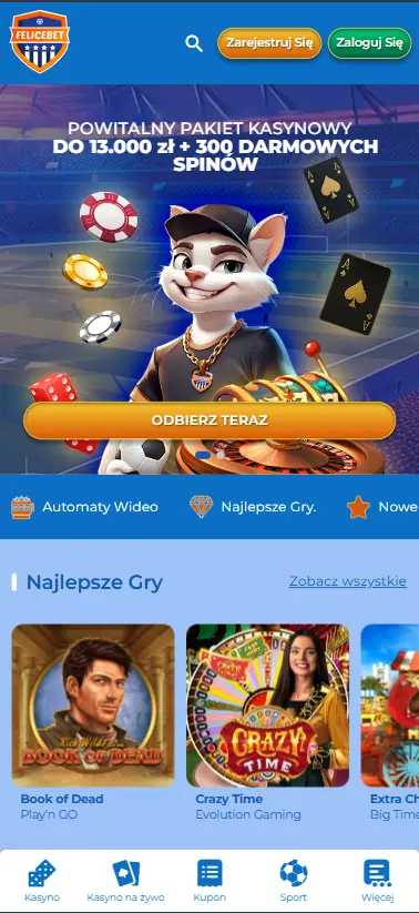 Strona główna FeliceBet Casino wyświetlana na telefonie iPhone 14 Pro Max.