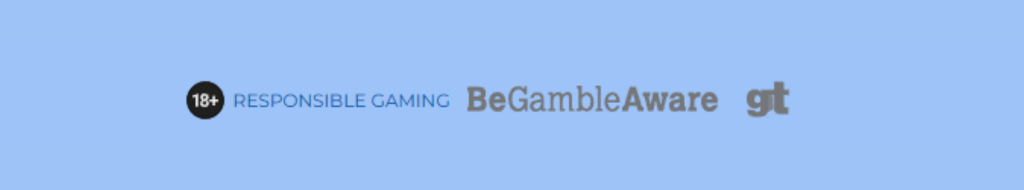 Logo odpowiedzialnej gry, w tym 18+, Responsible Gaming, BeGambleAware i GT, wyświetlane na niebieskim tle.