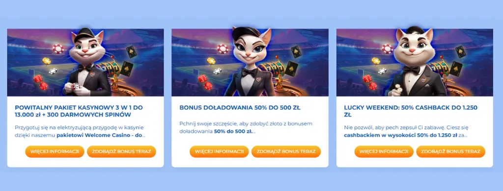 Bonus powitalny FeliceBet Casino oferuje pakiet 3 w 1 o wartości do 2600 € z 300 darmowymi spinami, bonusami doładowującymi i weekendowym zwrotem gotówki.