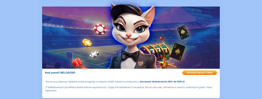 Promocja bonusu doładowującego FeliceBet z maskotką kota — 50% do 100 € bonusu kasynowego przy użyciu kodu RELOAD50.
