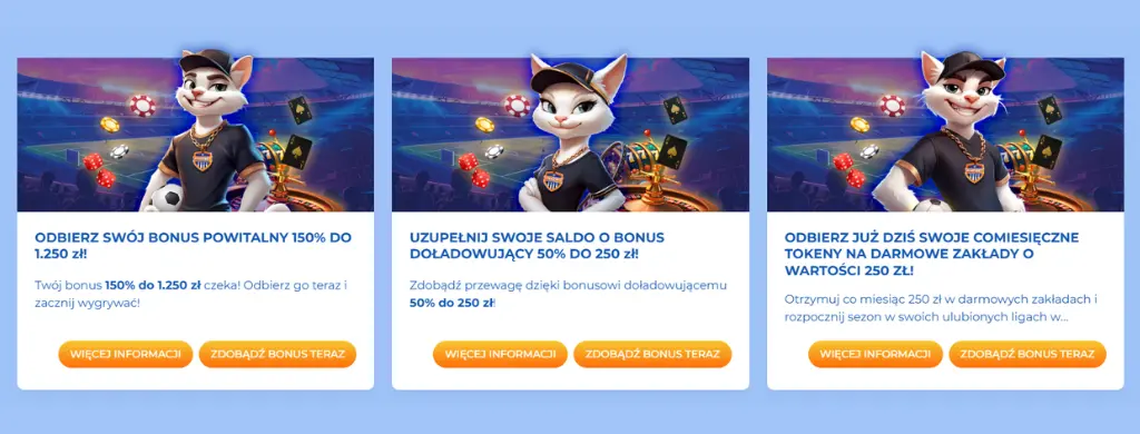 Promocje zakładów sportowych FeliceBet — bonus powitalny do 250 €, bonus doładowujący do 50 € i comiesięczne darmowe tokeny na zakłady o wartości 50 €.