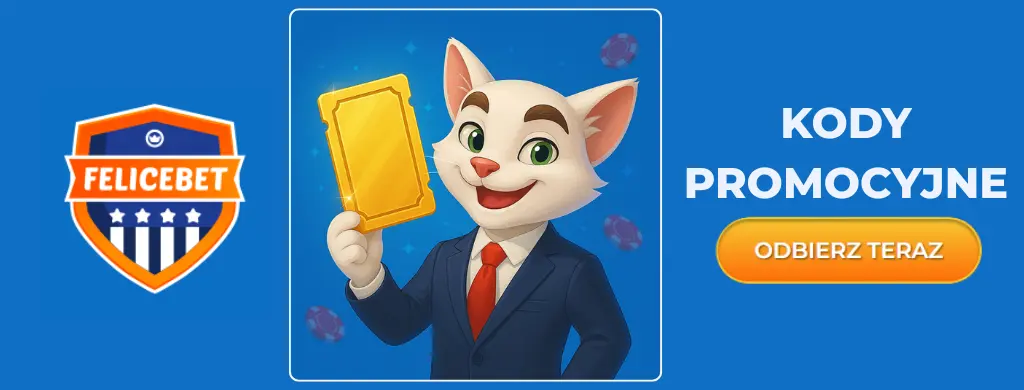 Kody promocyjne FeliceBet z maskotką i złotą kartą.