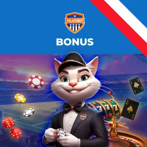 Oferta bonusowa FeliceBet przedstawiająca maskotkę kota w smokingu trzymającą żetony kasynowe na tle motywu sportowego.