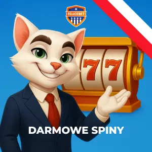 Postać Felicebet trzymająca gotówkę z napisem „Darmowe spiny bez depozytu”.