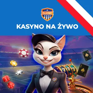 Postać kota przebrana za krupiera z kołem ruletki, kartami do gry i żetonami.