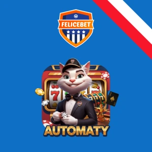 Logo Felicebet z automatami do gry i kotem w roli dealera.